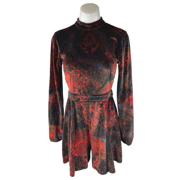 Free People Onyx Red Black Velvet Velour Cutout Long Sleeve Jumpsuit Romper 0 - Picture 1 of 5